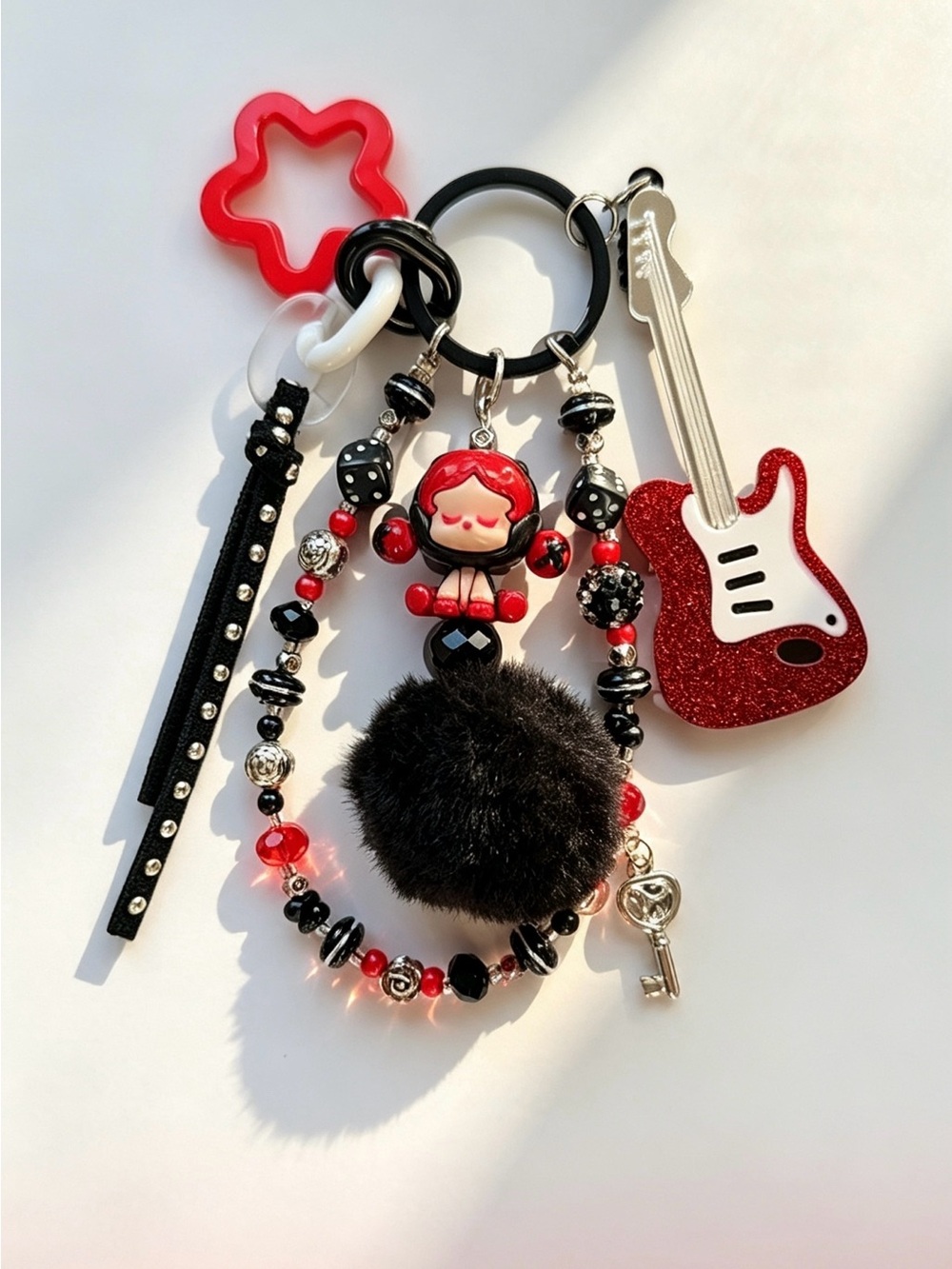 Rockstar Guitar Pom-Pom Bag Charm Keychain with Beaded Accents